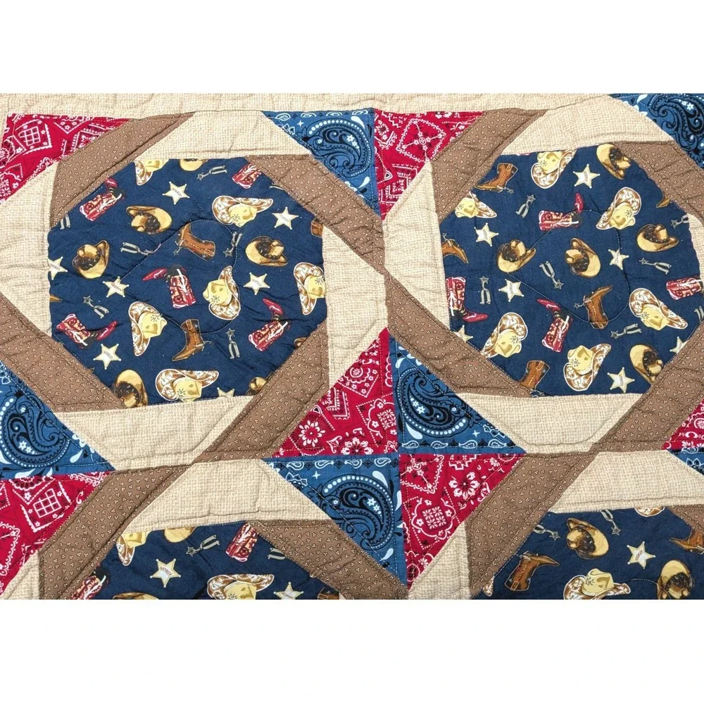 Handmade Western Cowboy Patchwork Quilt Navy Blue Red Bandana Nursery 36x47